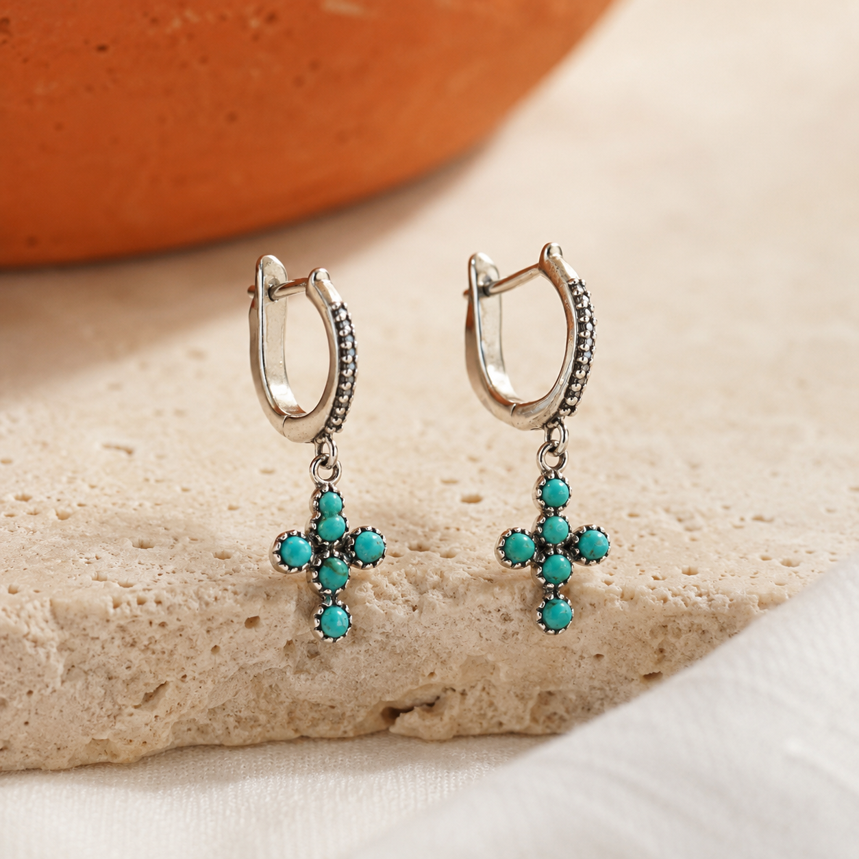 Turquoise Cross Hoop Earrings
