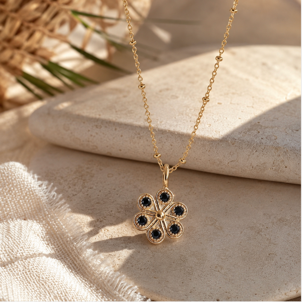 18K Gold Iris Necklace - Onyx