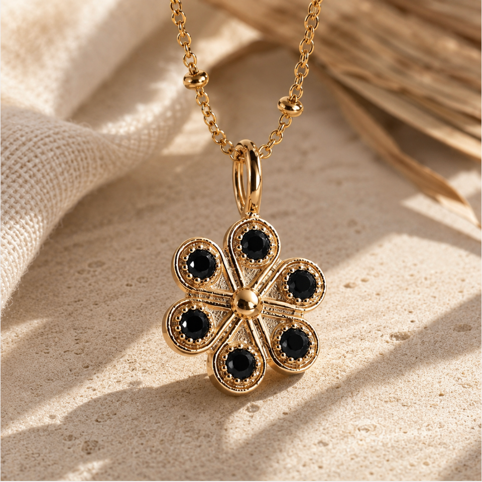 18K Gold Iris Necklace - Onyx