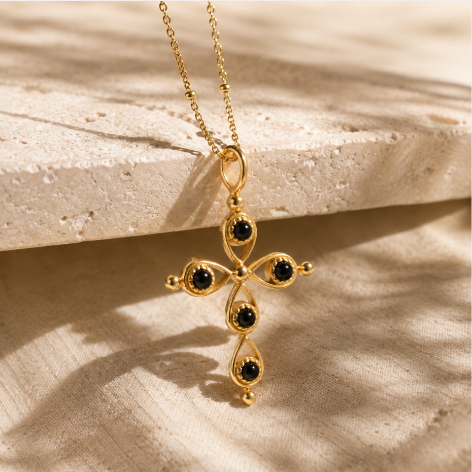 18K Gold Cross Necklace - Onyx