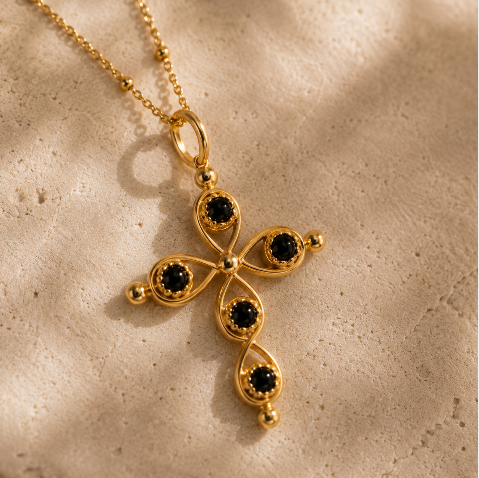 18K Gold Cross Necklace - Onyx