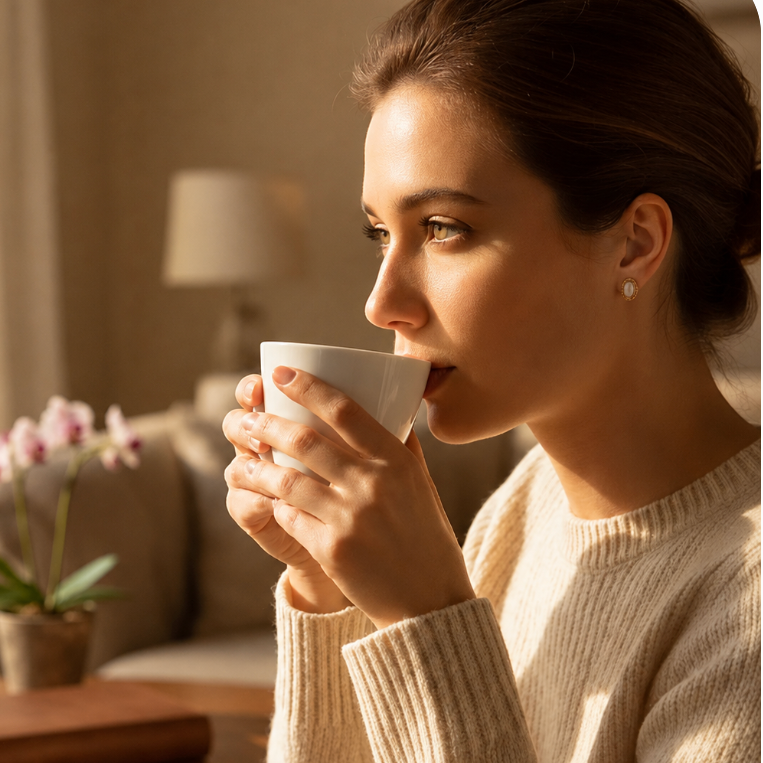 A woman in a cream-colored ribbed knit sweater holds a white ceramic cup, wearing 18k gold pearl earrings by Sowell jewelry.