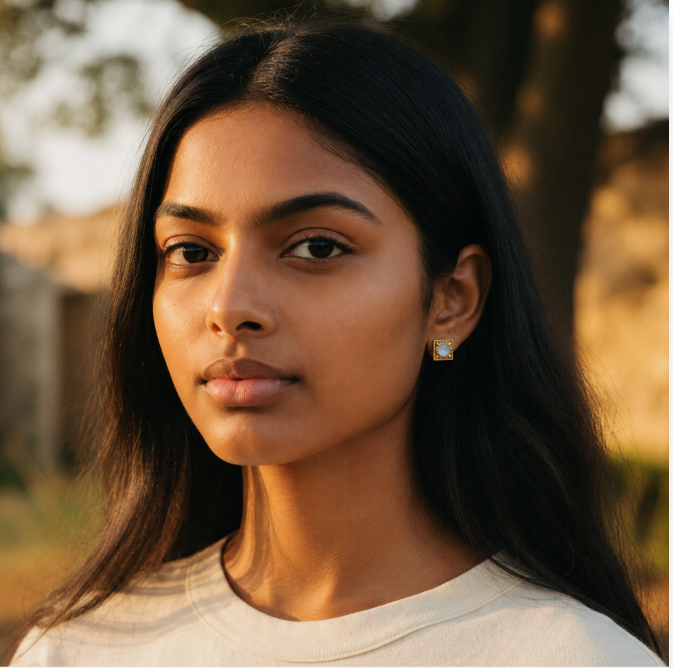 A close-up portrait of a woman with long dark hair wearing a small square stud earring with a gold-toned border and a pearl center, designed by sowell jewelry.