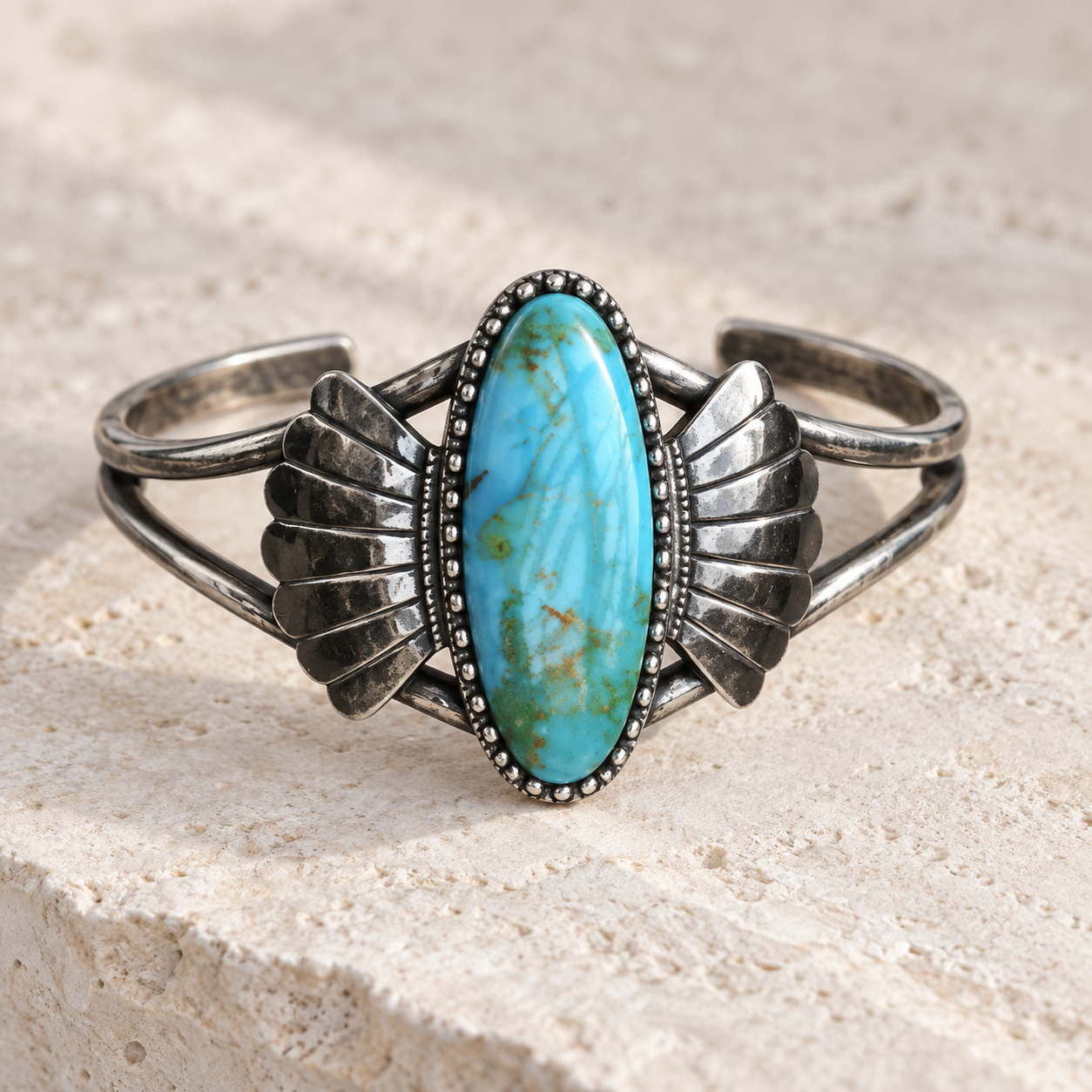 SOWELL JEWELRY Abedabun bracelet featuring an oval turquoise stone set in sculptural .925 sterling silver.