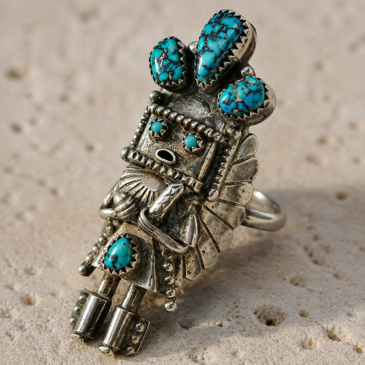SOWELL JEWELRY antique sterling silver Kachina doll ring featuring natural spiderweb turquoise stones