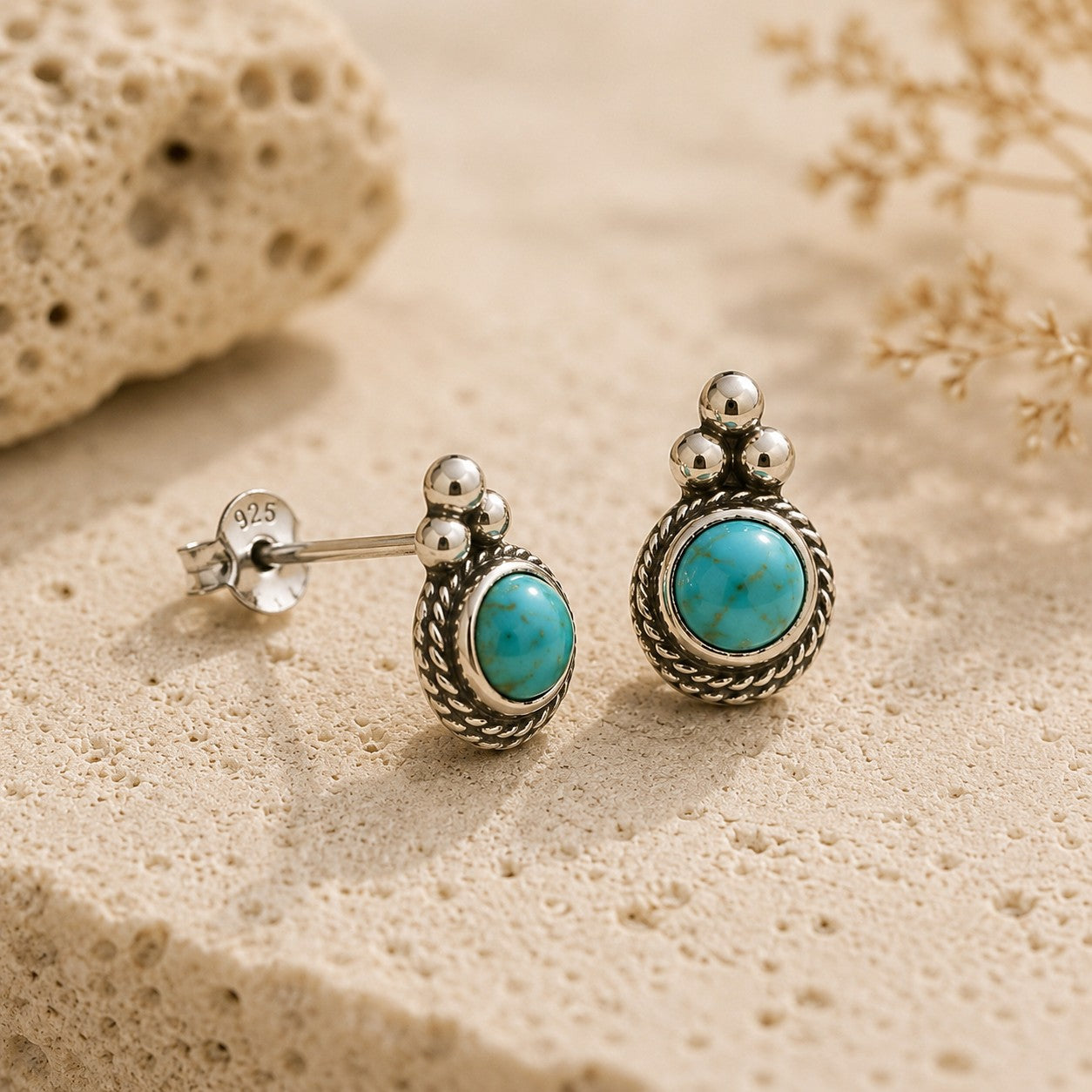 SOWELL JEWELRY Derya stud earrings featuring genuine turquoise stones set in handcrafted .925 sterling silver.