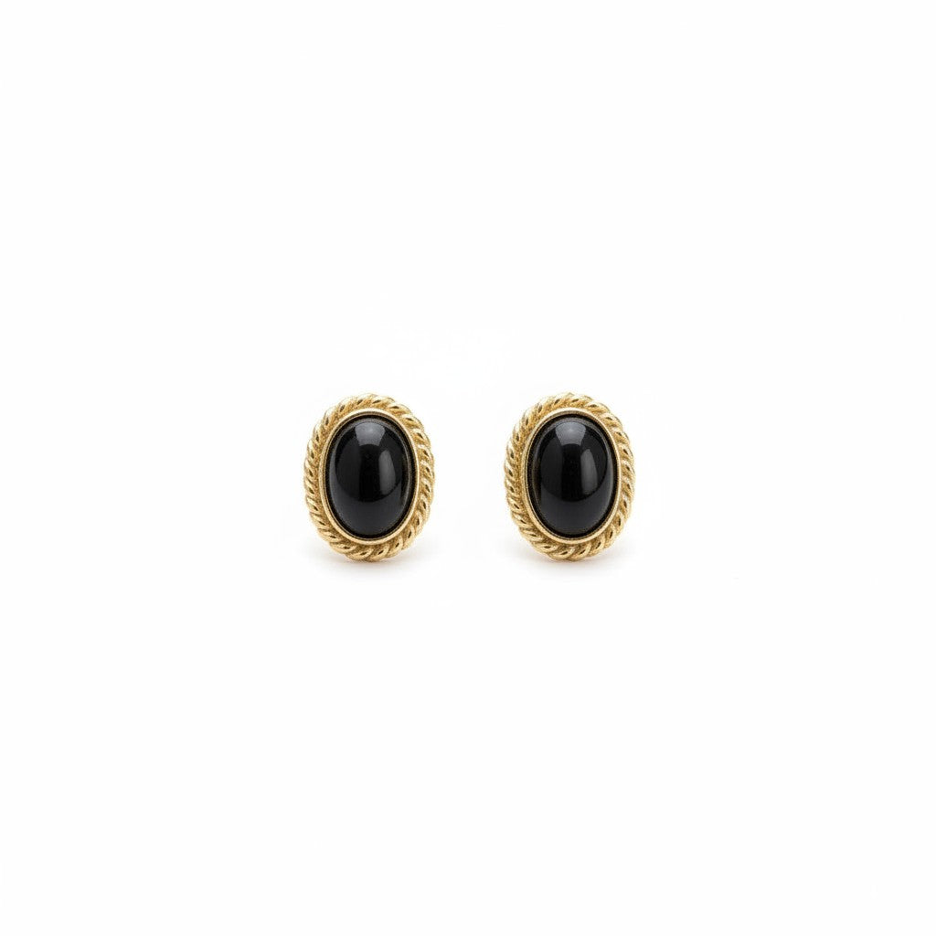 SOWELL JEWELRY Fala oval black onyx stud earrings in 18k gold vermeil with a vintage-inspired braided frame.