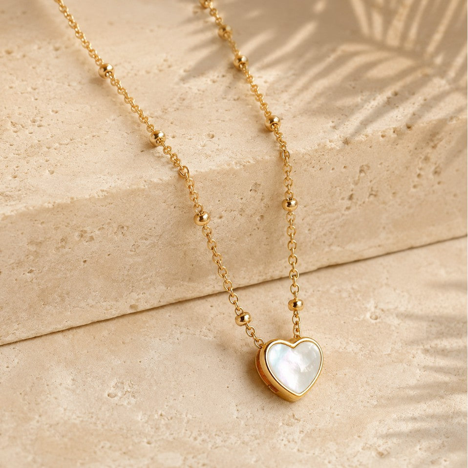 SOWELL JEWELRY 18k gold vermeil heart necklace with a mother of pearl pendant on a delicate beaded chain