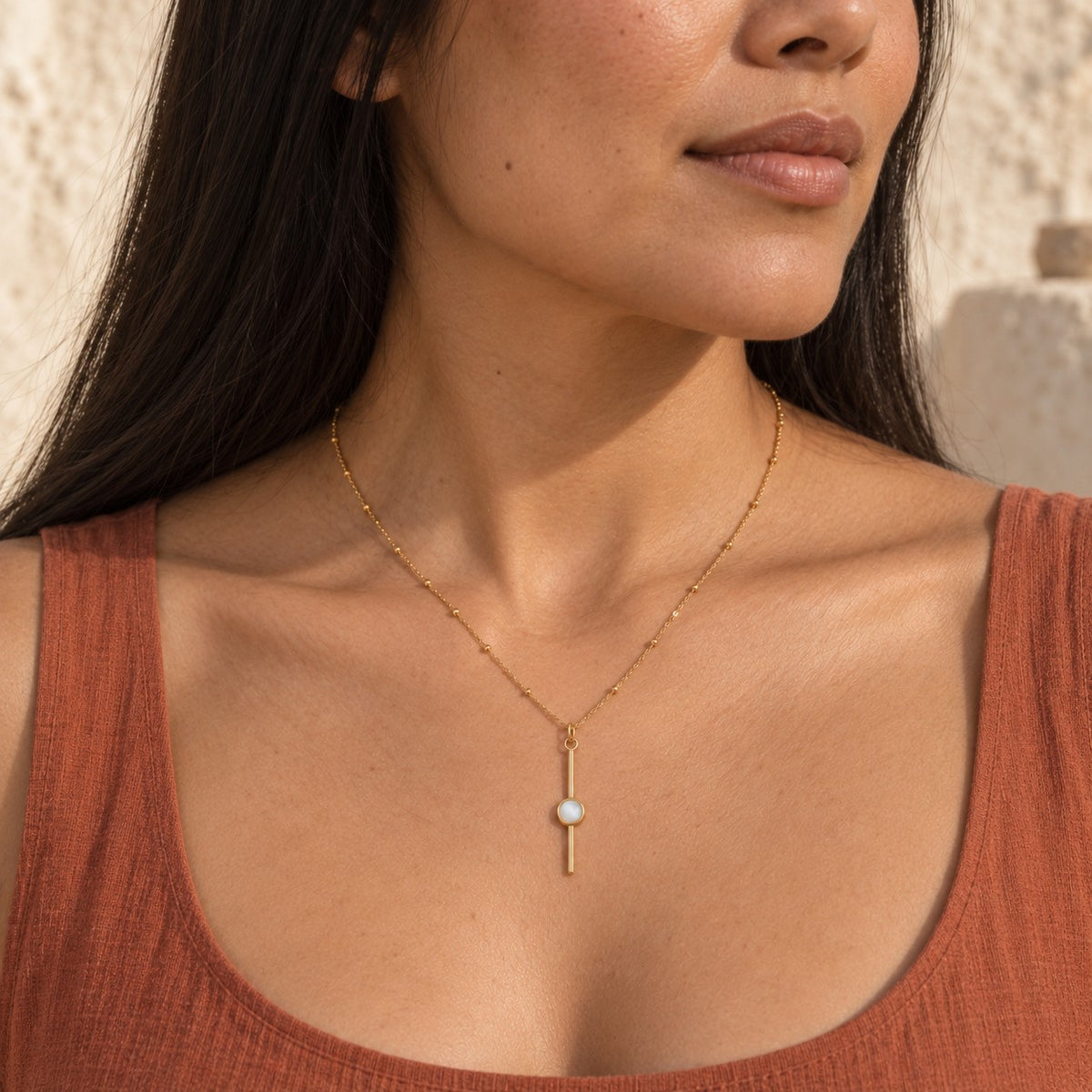 SOWELL JEWELRY 18K gold bar necklace featuring a genuine mother of pearl stone on a delicate gold vermeil chain