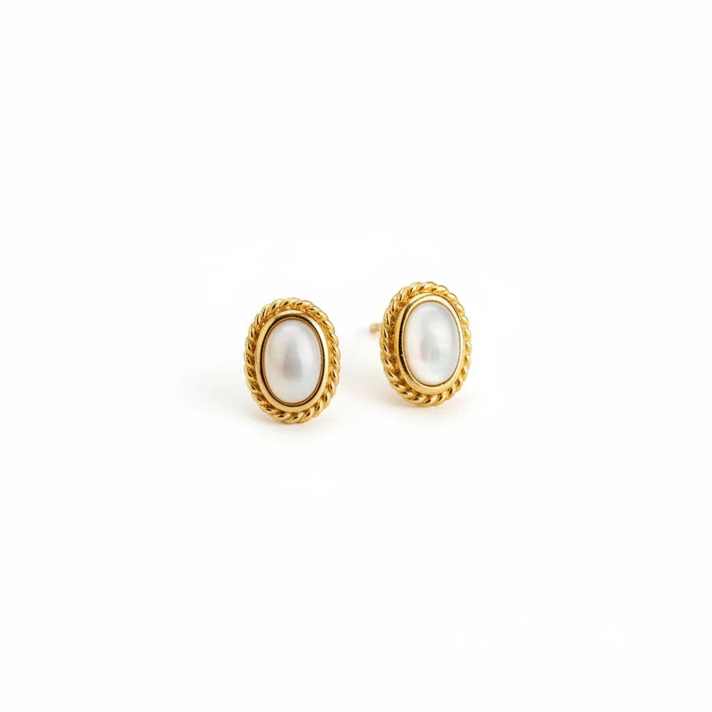 SOWELL JEWELRY 18k gold plated stud earrings featuring oval mother of pearl stones with an intricate braided frame.