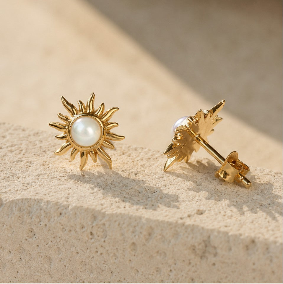 SOWELL JEWELRY 18k gold vermeil sunburst stud earrings featuring a genuine iridescent mother of pearl centerpiece.