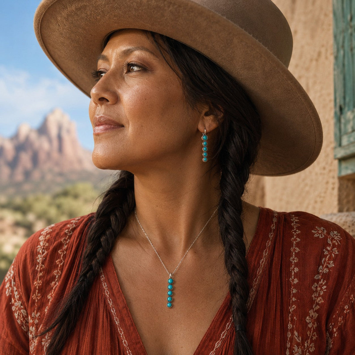 SOWELL JEWELRY Ilaria sterling silver necklace with five turquoise stones worn by a woman in a desert landscape