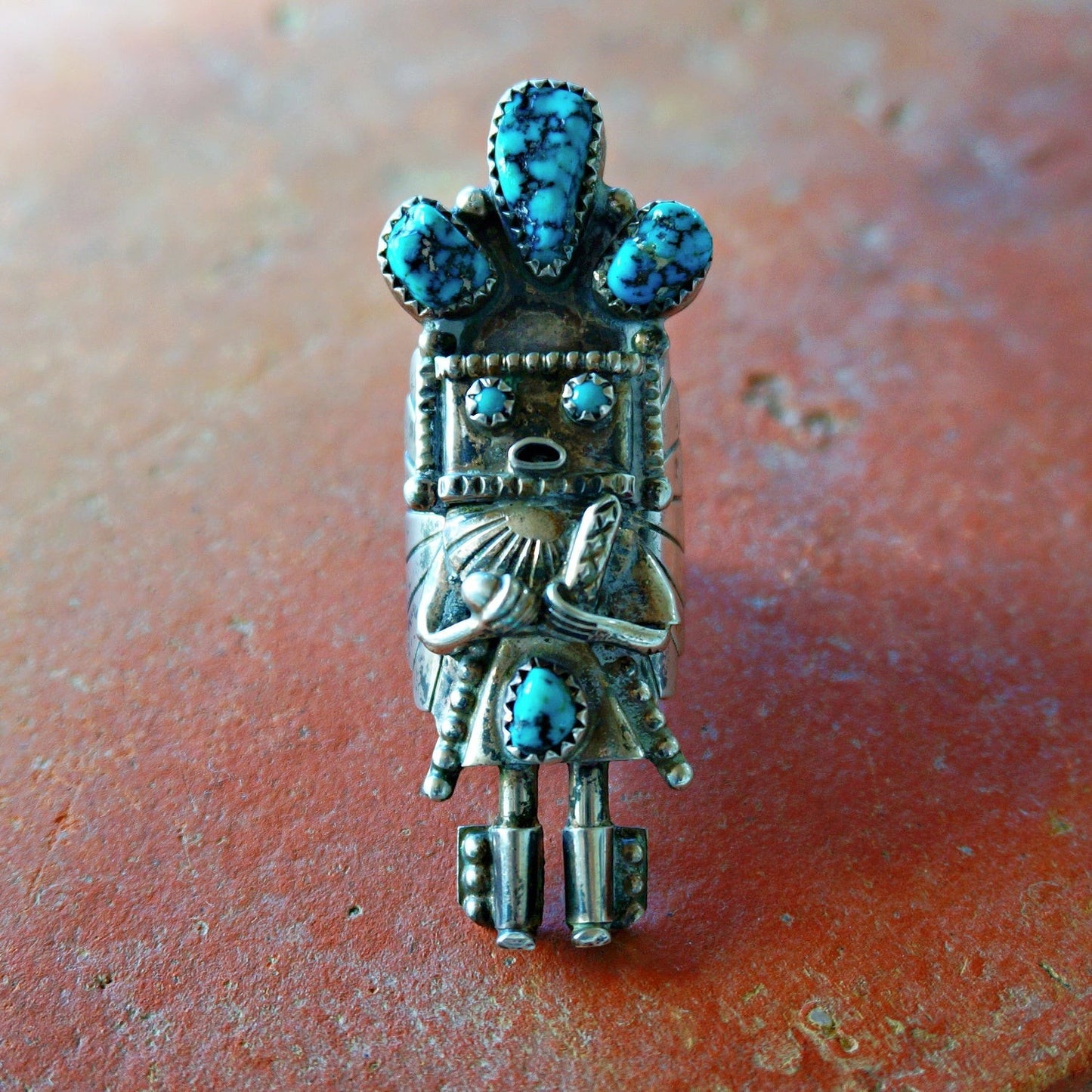SOWELL JEWELRY sterling silver Kachina doll statement ring featuring natural spiderweb turquoise stones.