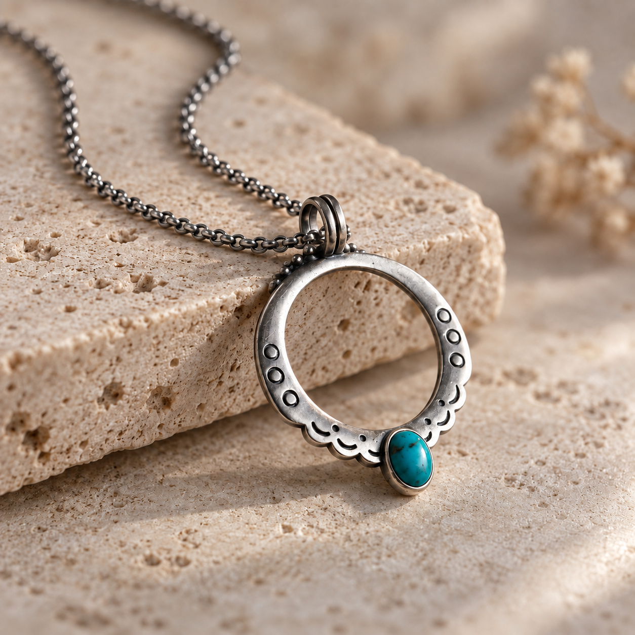 SOWELL JEWELRY Moongate necklace featuring a hammered sterling silver circle pendant with a genuine turquoise stone.