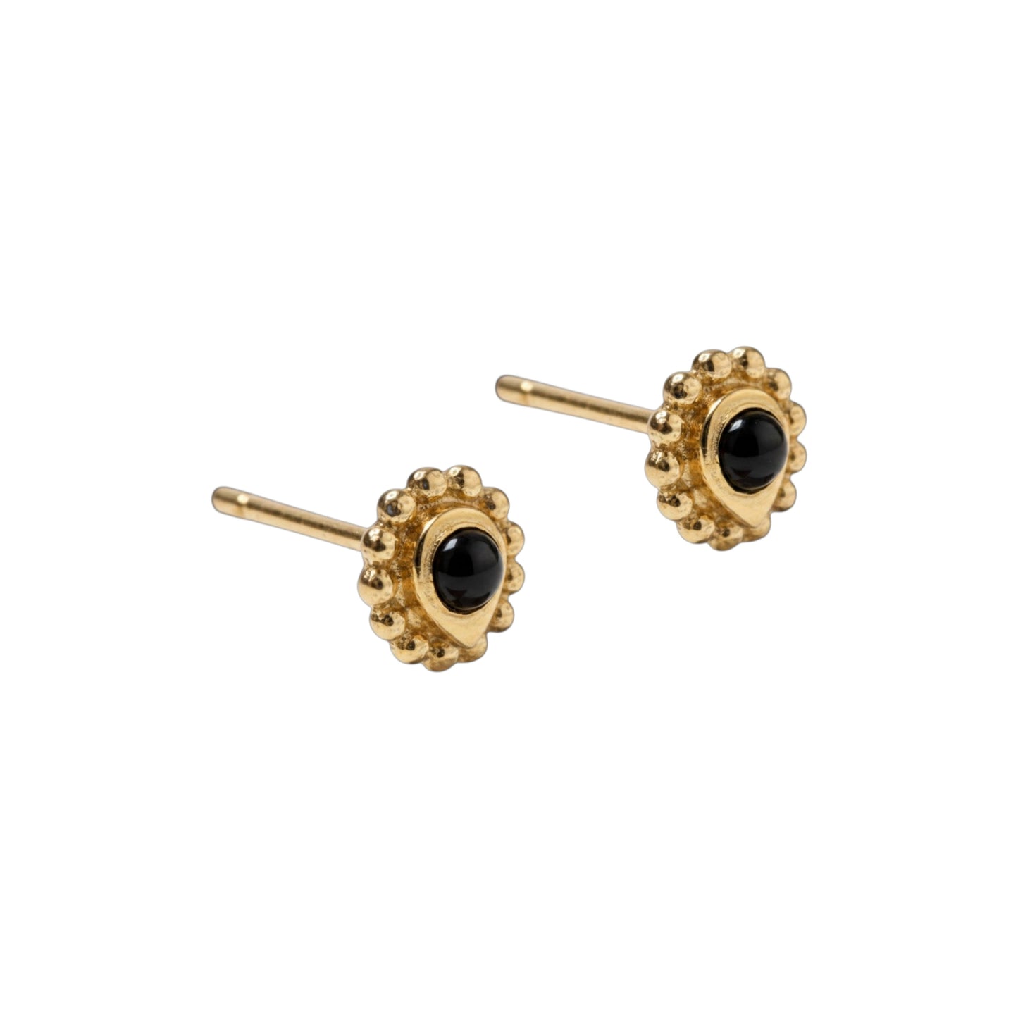 SOWELL JEWELRY Maya teardrop stud earrings featuring genuine black onyx set in 18k gold vermeil with beaded detail.