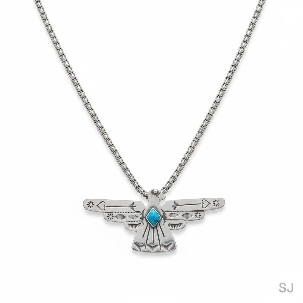 SOWELL JEWELRY handcrafted sterling silver peyote bird necklace with a genuine turquoise stone on a box chain.
