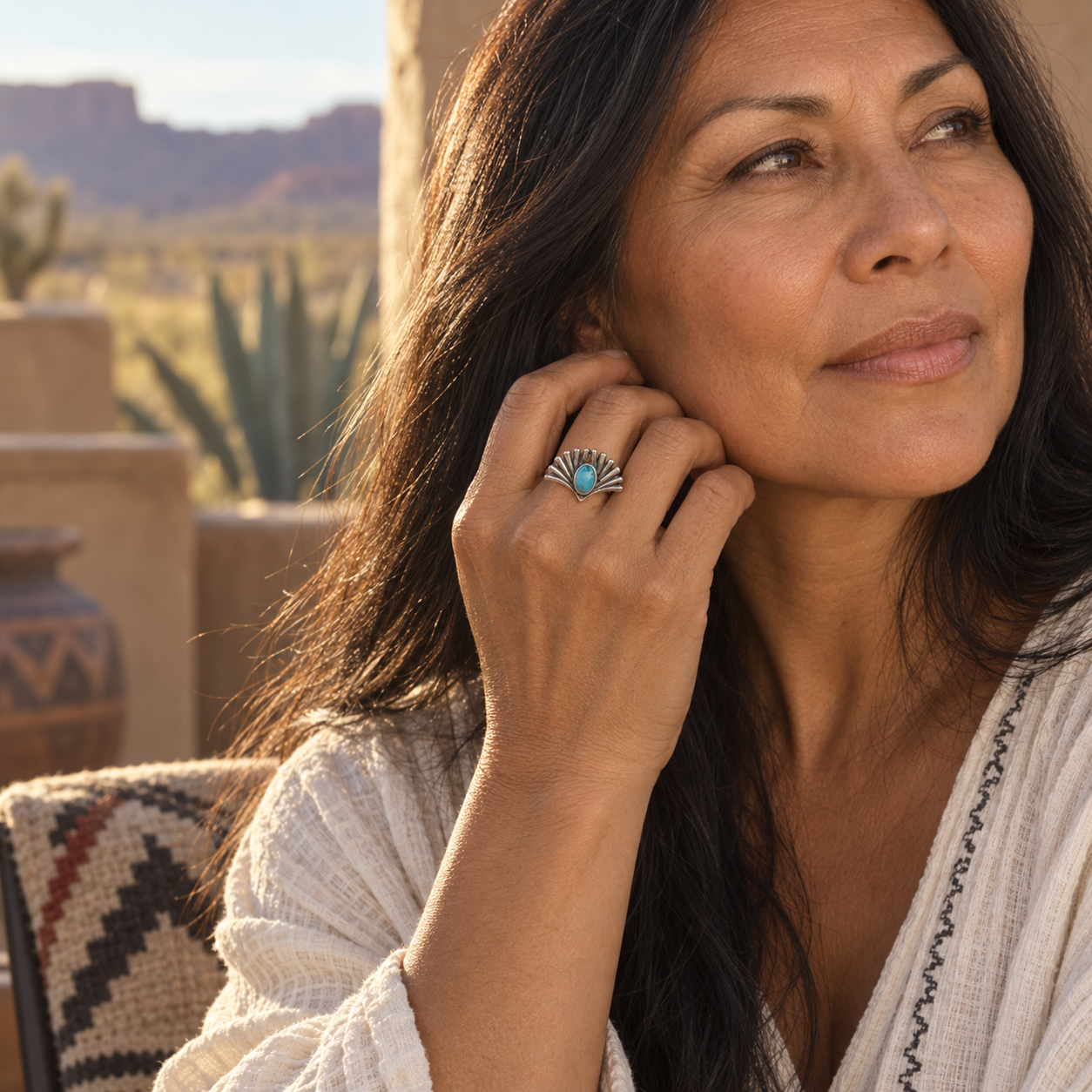 SOWELL JEWELRY Prayer ring featuring an oval turquoise stone in an oxidized sterling silver fan-shaped setting.