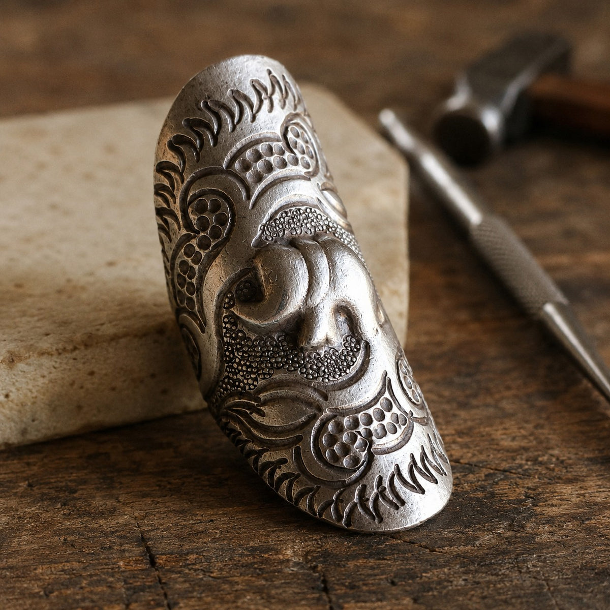 SOWELL JEWELRY sterling silver elephant ring with intricate etched details and a sculptural, adjustable open band design.