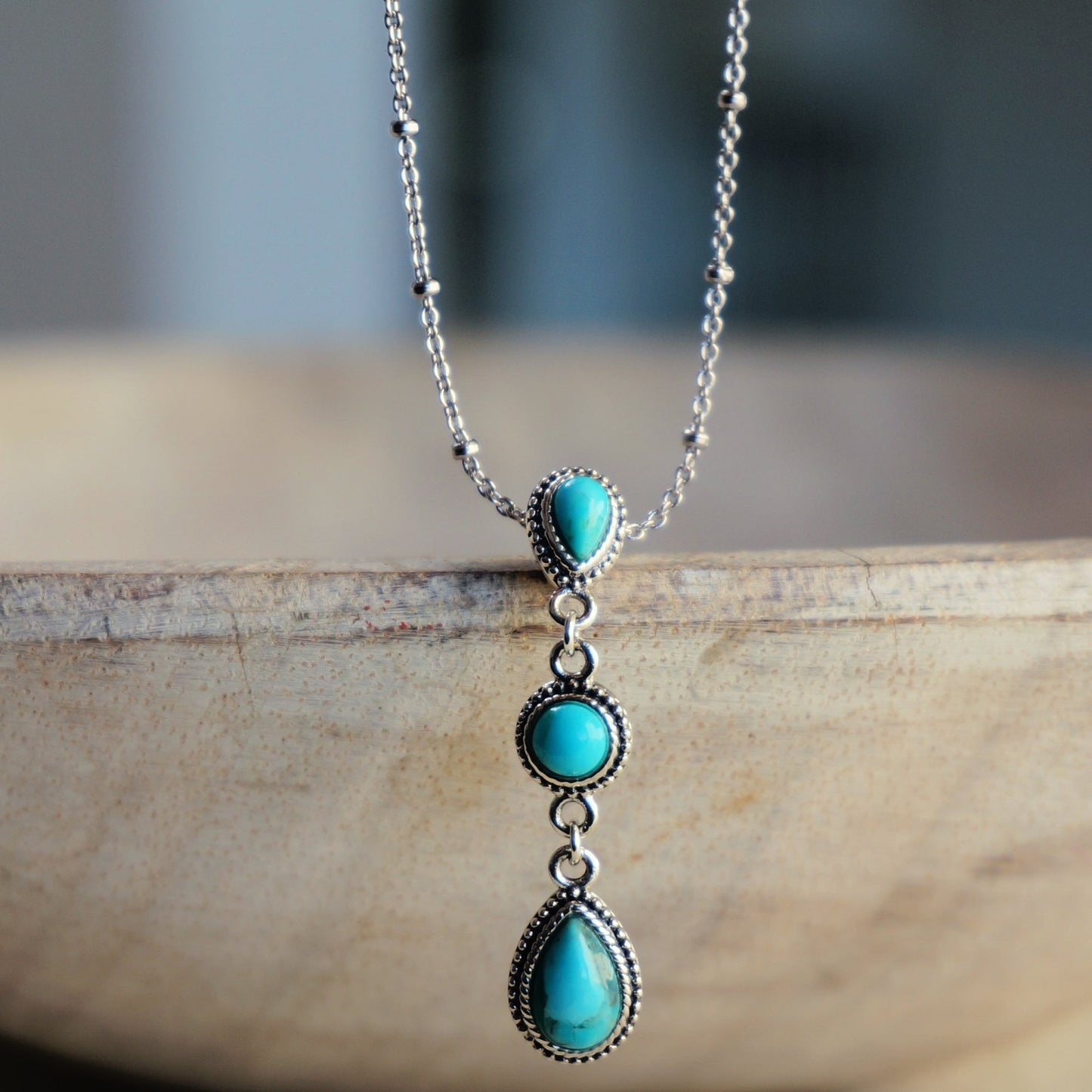 SOWELL JEWELRY Frida turquoise cascade necklace featuring three blue stones in handcrafted .925 sterling silver settings