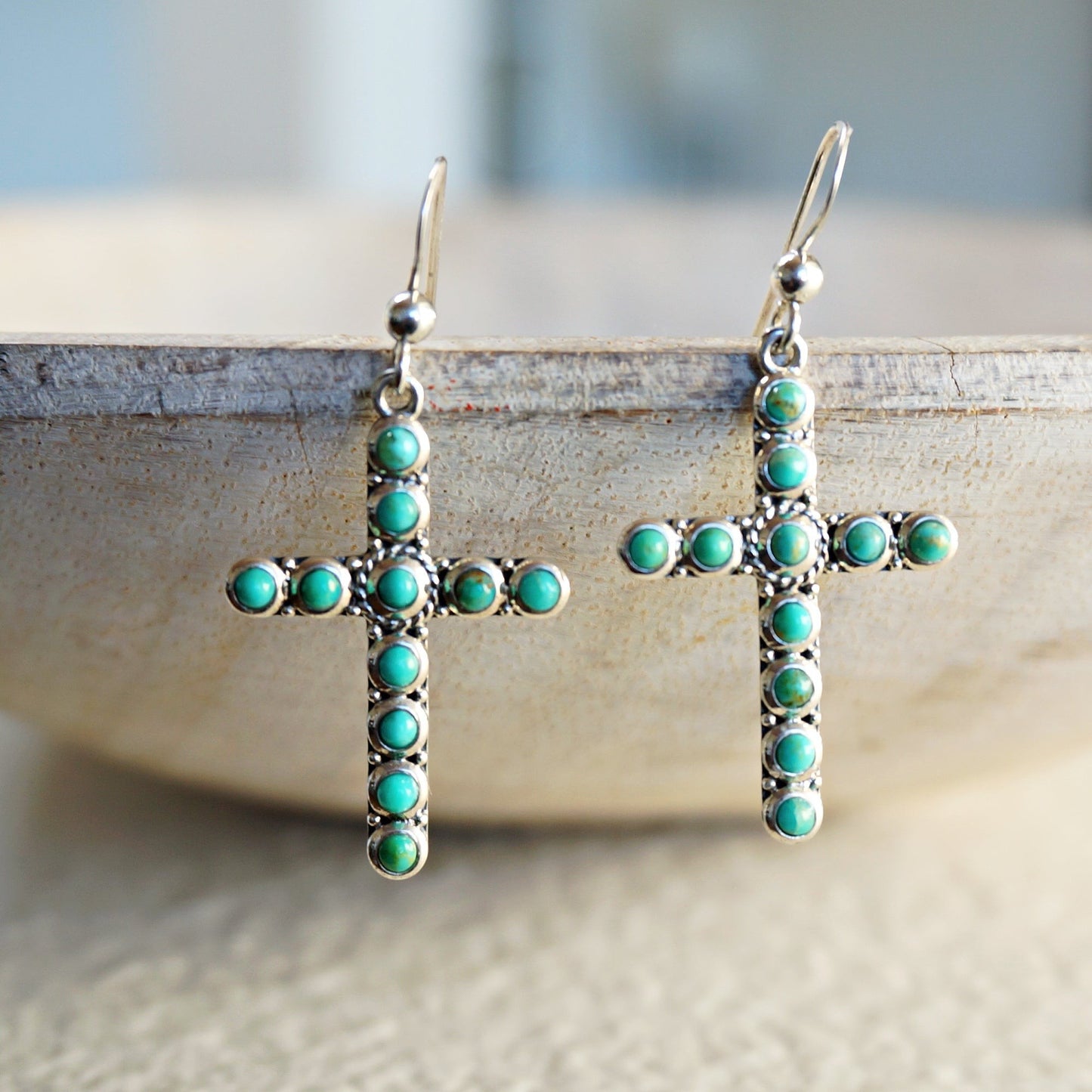 SOWELL JEWELRY Giada cross earrings featuring genuine blue turquoise stones set in handcrafted .925 sterling silver.