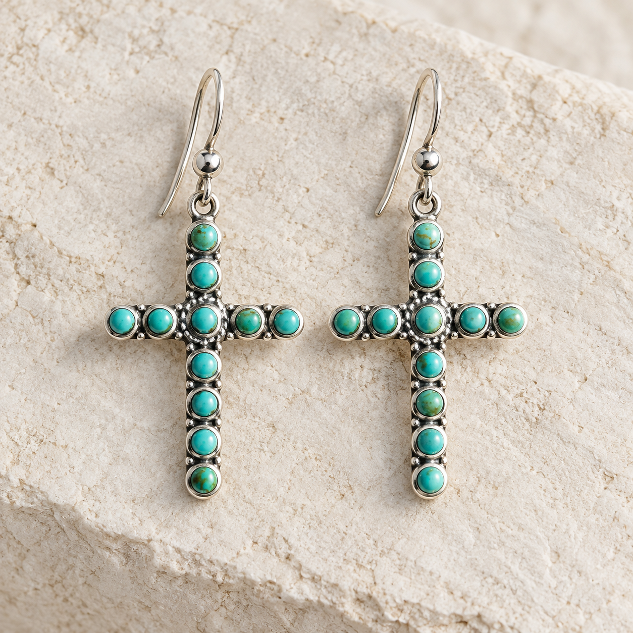 SOWELL JEWELRY Giada cross earrings featuring genuine turquoise stones set in polished .925 sterling silver.