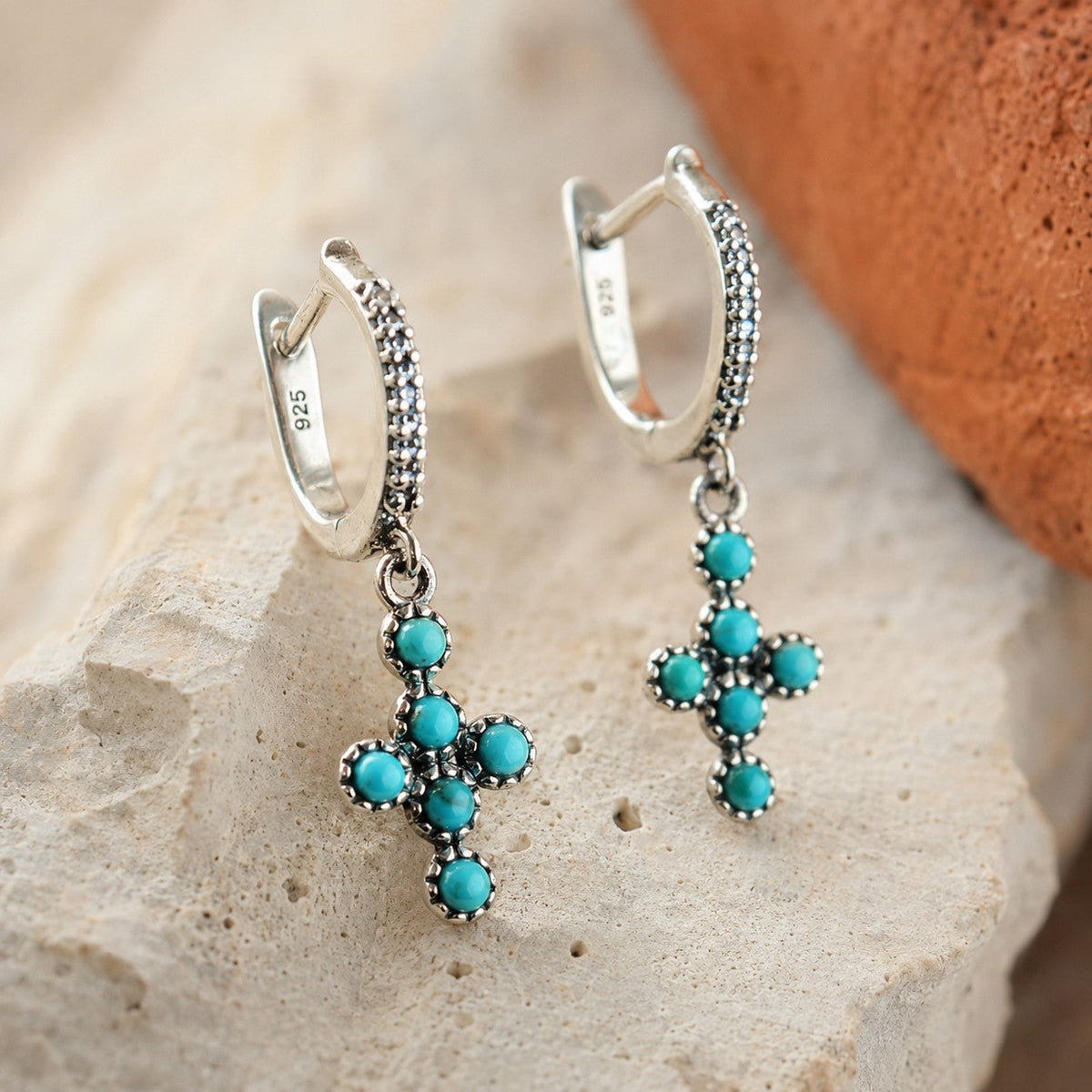 SOWELL JEWELRY turquoise cross hoop earrings in .925 sterling silver with a boho southwestern design