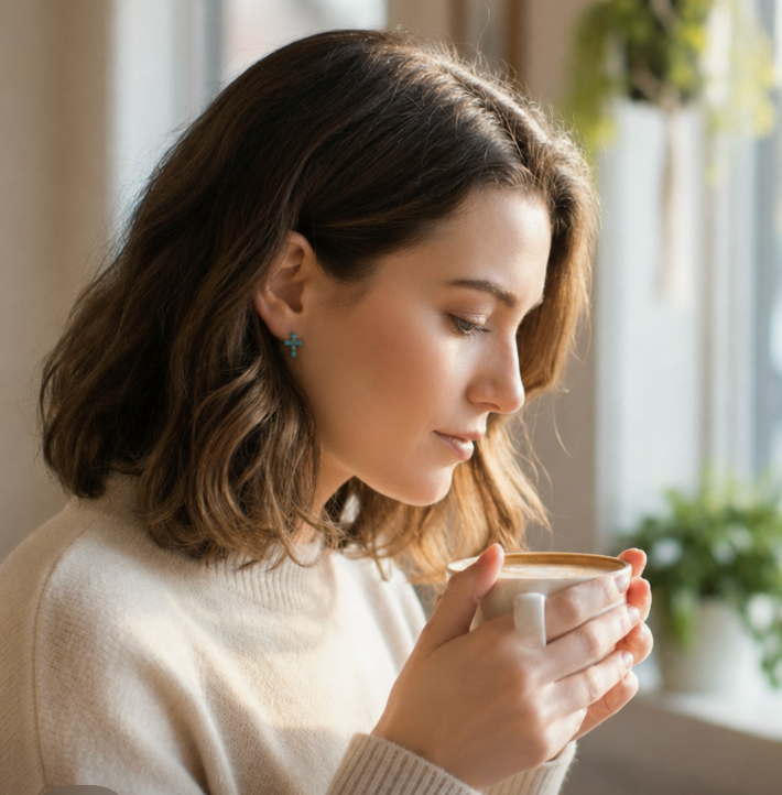 A woman with shoulder-length brown hair is shown in profile, holding a white ceramic mug with a gold rim near a window. She is wearing a cream-colored knit sweater and a small turquoise earring.