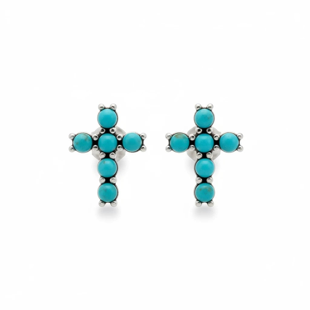 SOWELL JEWELRY turquoise cross stud earrings in .925 sterling silver with a boho southwestern design.