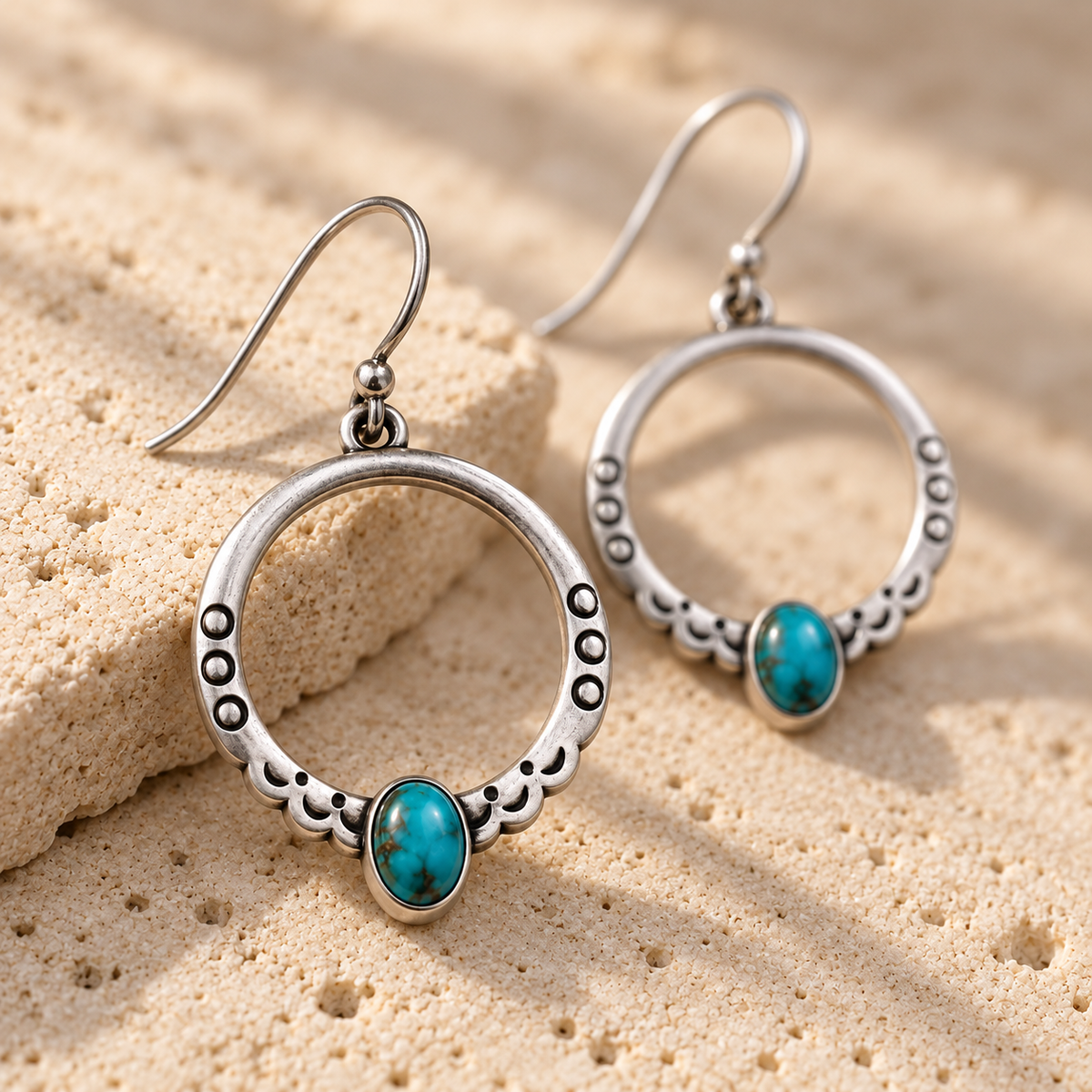 SOWELL JEWELRY Moongate sterling silver hoop earrings featuring oval turquoise stones on a textured stone surface.