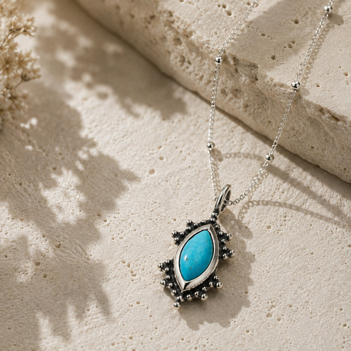 SOWELL JEWELRY Kal turquoise pendant necklace featuring a marquise-cut stone in a handcrafted sterling silver setting.