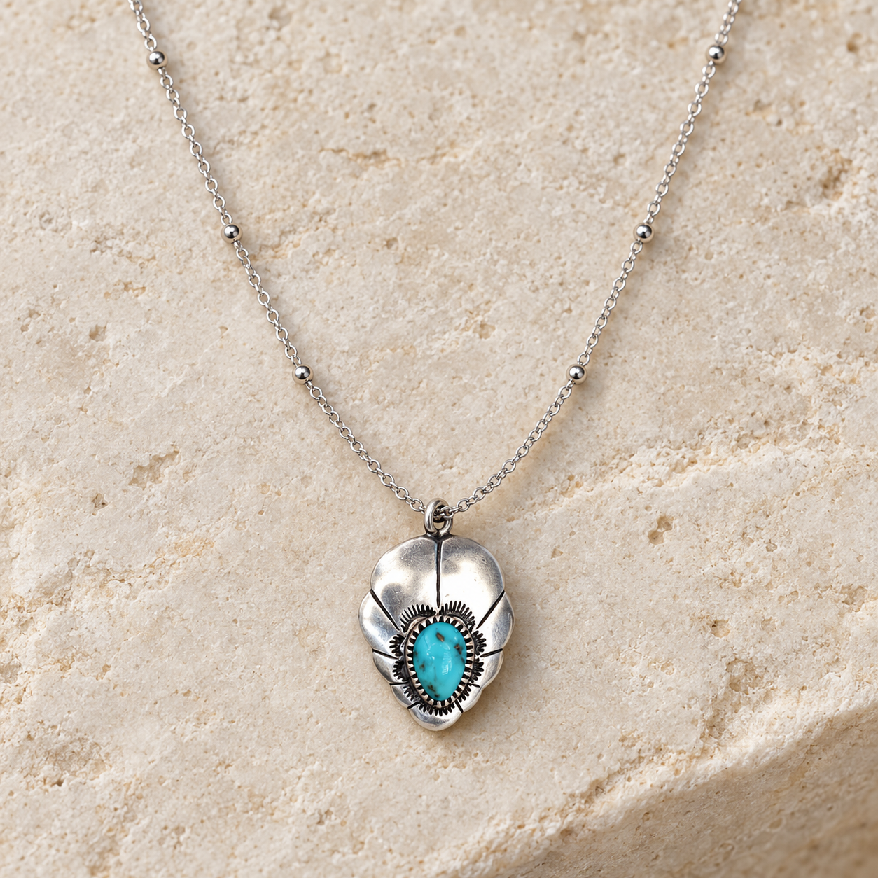 SOWELL JEWELRY Adoeette turquoise pendant necklace with oxidized sterling silver on a beaded chain