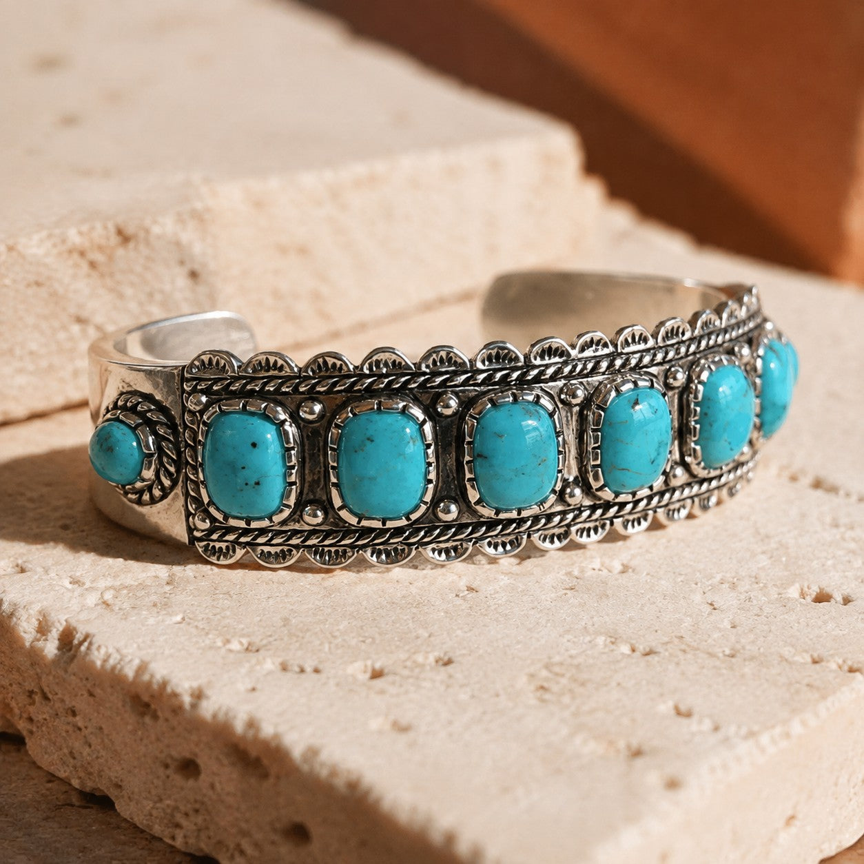 SOWELL JEWELRY Rayna sterling silver cuff bracelet featuring seven genuine turquoise stones in a southwestern style