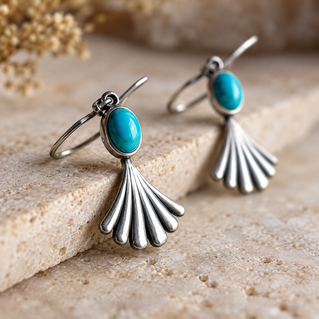 SOWELL JEWELRY Prayer earrings featuring oval turquoise stones set in elongated sterling silver fan-shaped frames.