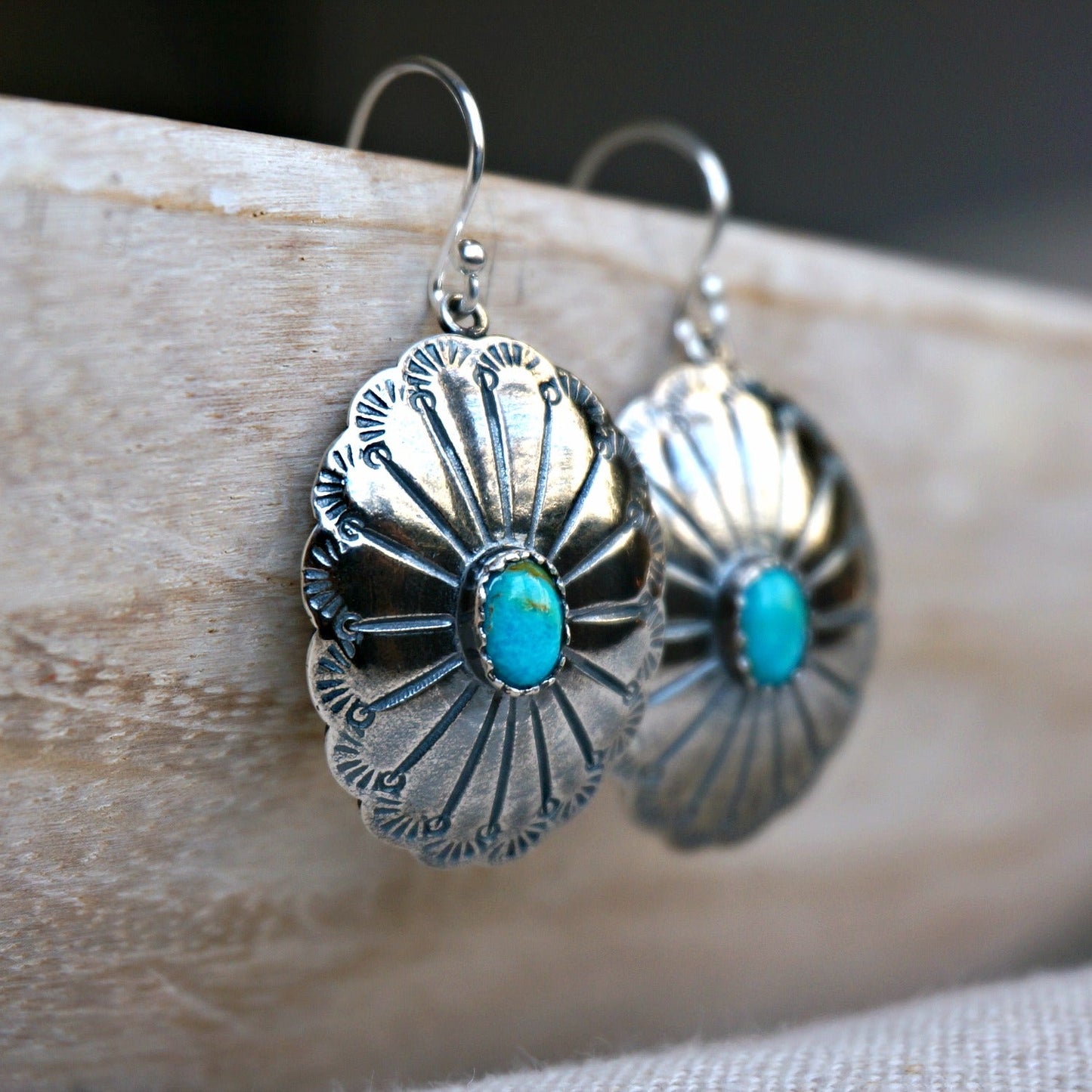 SOWELL JEWELRY Abeytu turquoise earrings featuring handcrafted sterling silver concho settings with boho detailing.