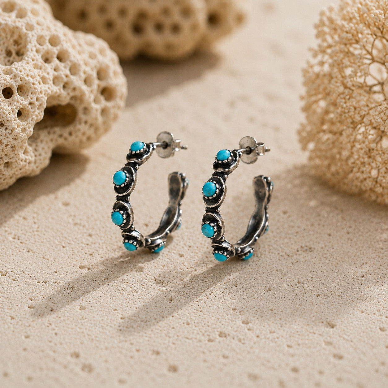 SOWELL JEWELRY Sam hoop earrings featuring genuine turquoise stones set in handcrafted .925 sterling silver.