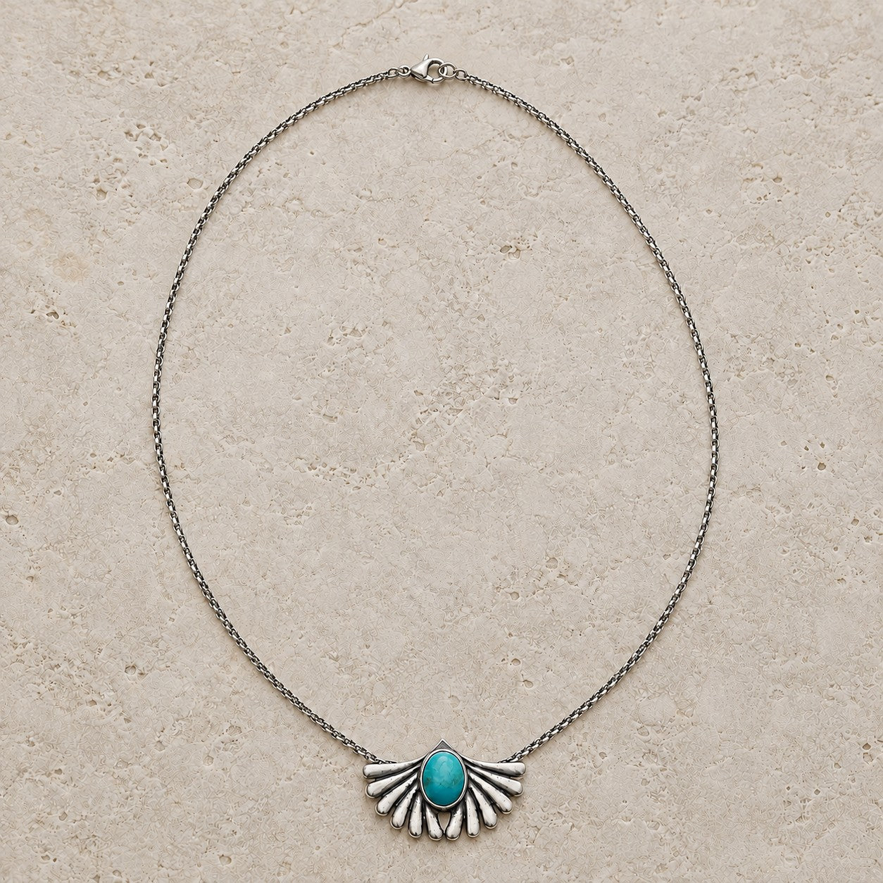 SOWELL JEWELRY Prayer turquoise necklace with a genuine oval stone set in handcrafted .925 sterling silver fan design