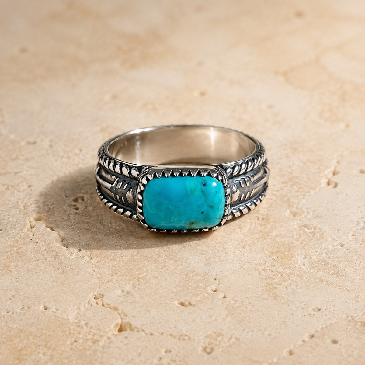 SOWELL JEWELRY Abha ring featuring a genuine turquoise stone set in a detailed sterling silver band with boho style.