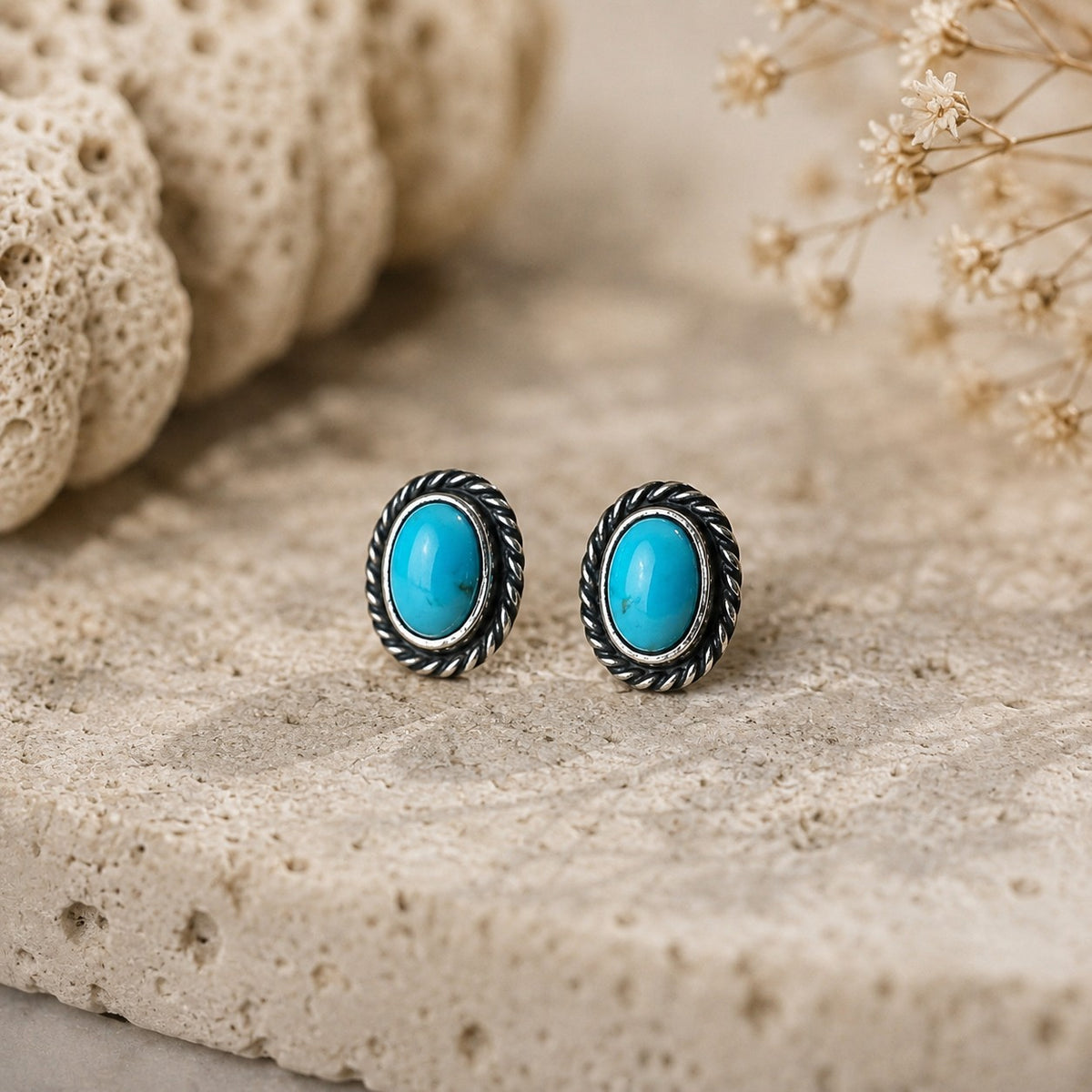 SOWELL JEWELRY Fala oval turquoise stud earrings in handcrafted .925 sterling silver with a twisted rope border.