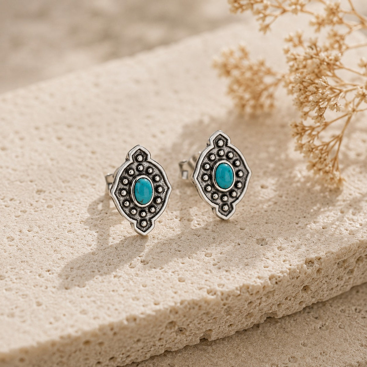 SOWELL JEWELRY Yana turquoise stud earrings in handcrafted .925 sterling silver with a boho southwestern design.