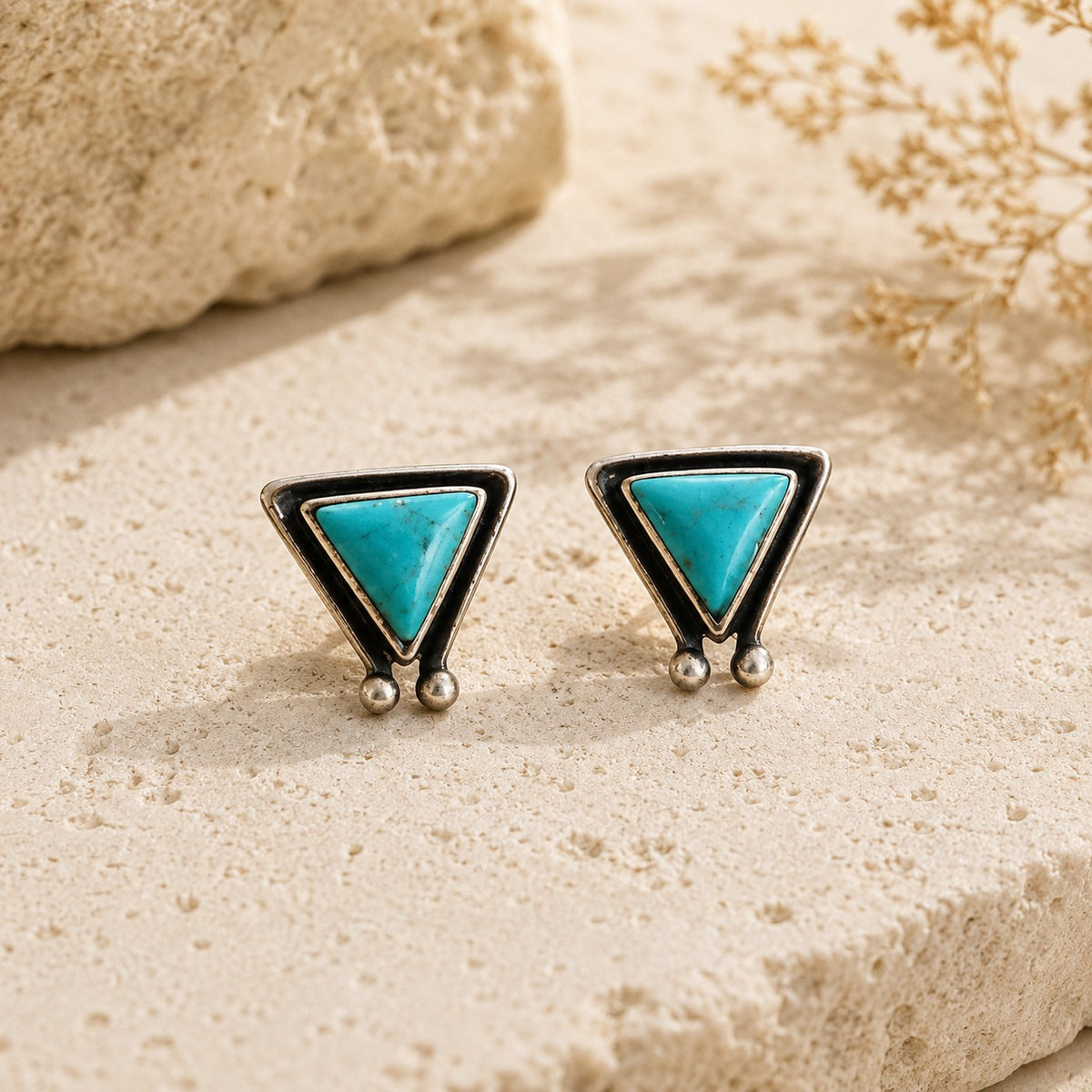 SOWELL JEWELRY Hanale triangle turquoise stud earrings in handcrafted .925 sterling silver with ball accents.