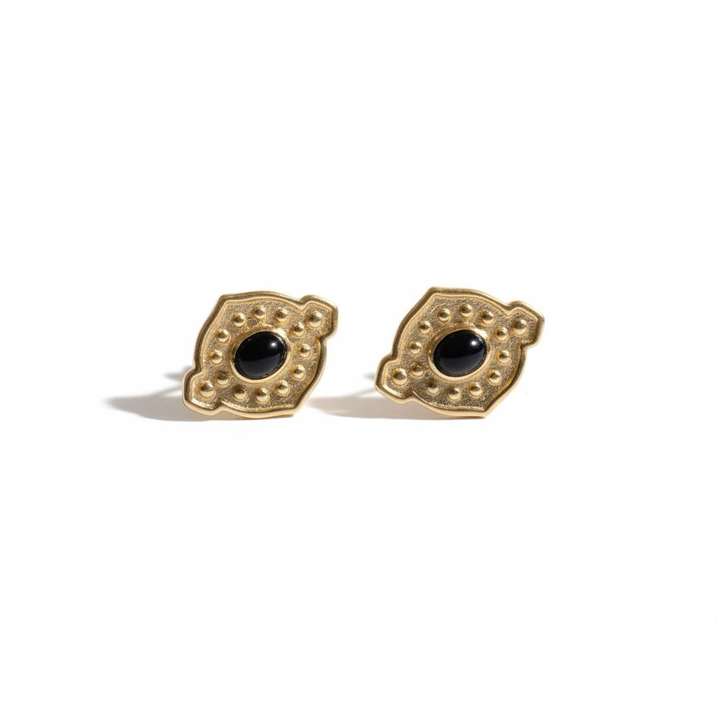 SOWELL JEWELRY Yana vintage-inspired 18k gold stud earrings featuring a central black onyx stone and textured detail.