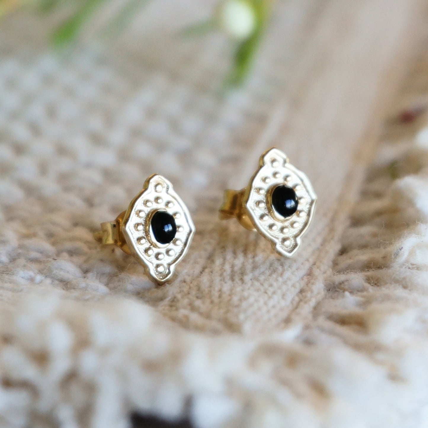 SOWELL JEWELRY Yana stud earrings featuring a vintage-inspired 18k gold frame with a central black onyx stone.