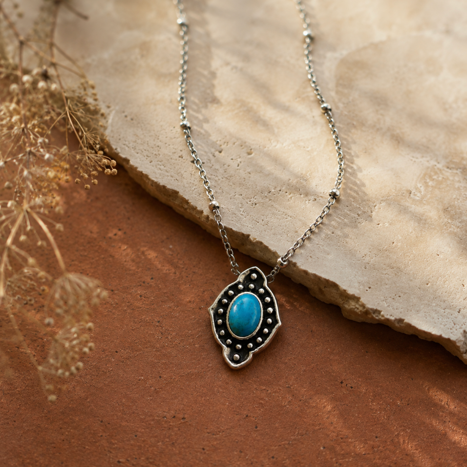 SOWELL JEWELRY Yana necklace featuring a genuine turquoise stone in a sterling silver setting on a ball chain.