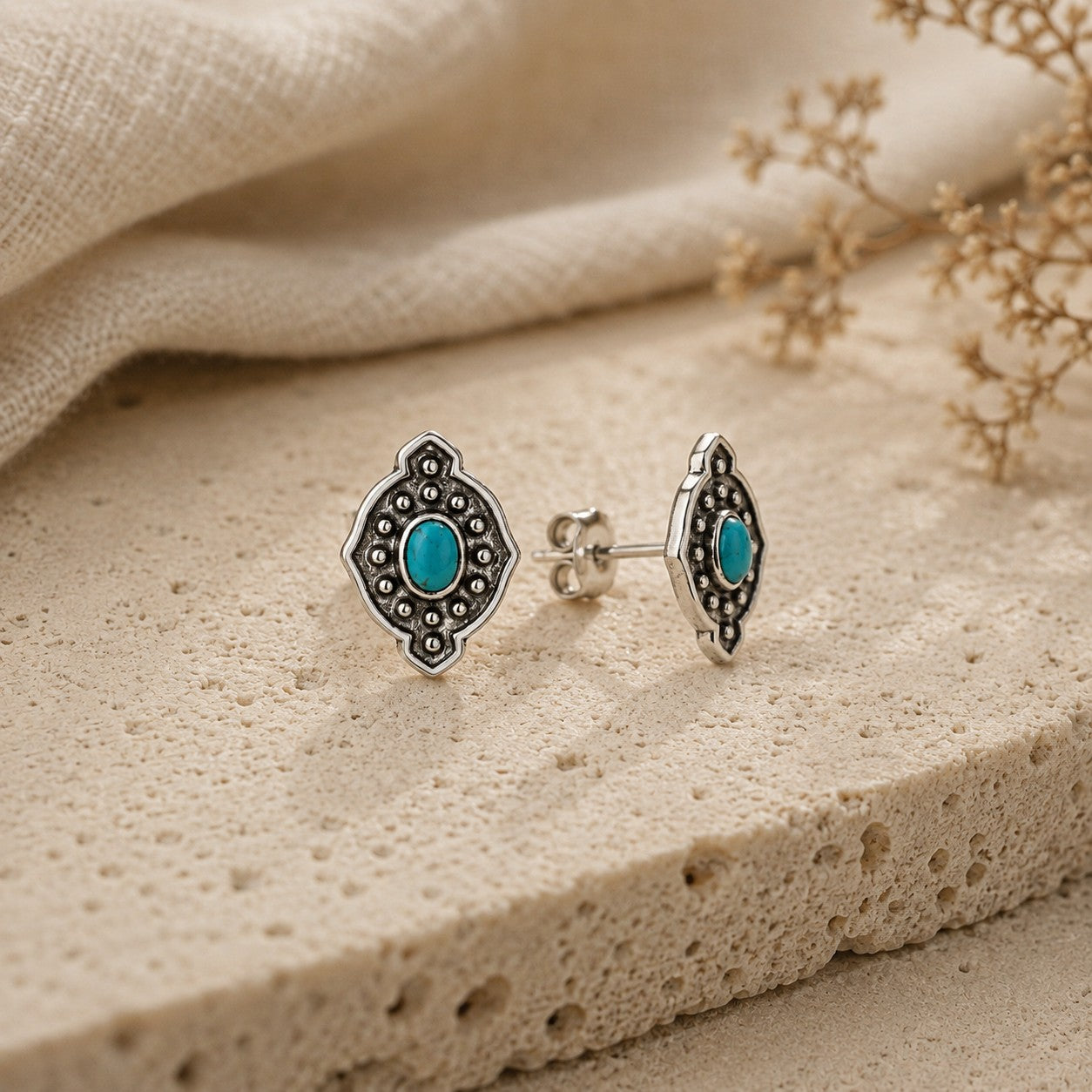 SOWELL JEWELRY Yana turquoise stud earrings in handcrafted .925 sterling silver with a boho southwestern design.