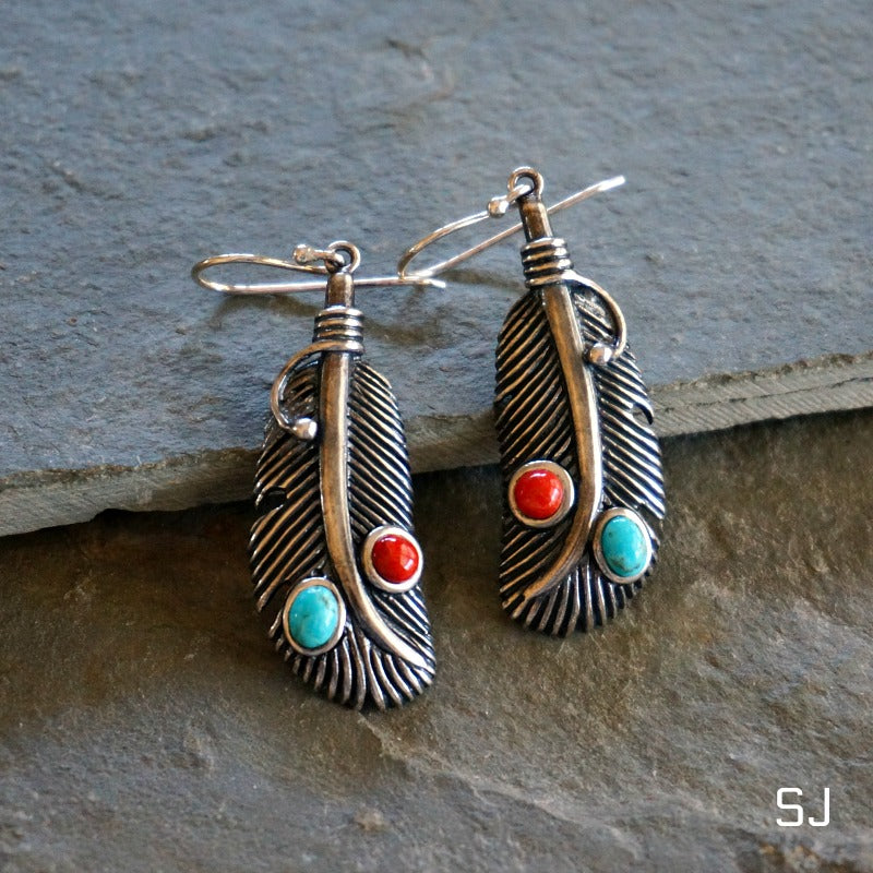 
                  
                    Navajo Turquoise Feather Earrings - SOWELL JEWELRY
                  
                