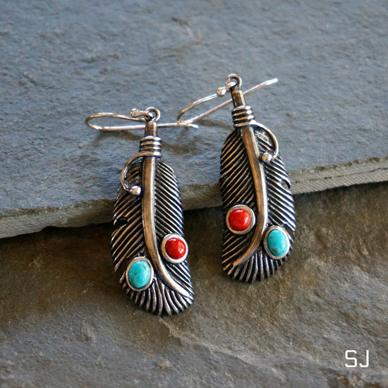Load image into Gallery viewer, Navajo Turquoise Feather Earrings - SOWELL JEWELRY
