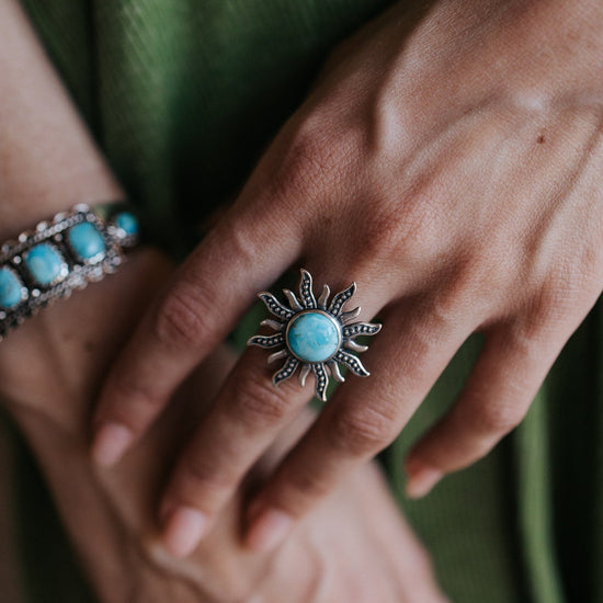 Load image into Gallery viewer, Sowell Jewelry sunburst turquoise ring
