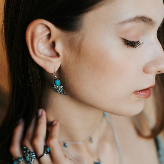 Load image into Gallery viewer, Eagle Wing Turquoise Earrings - SOWELL JEWELRY
